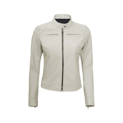 Off White Leather Cafe Racer Jacket for Women