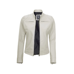 Off White Leather Cafe Racer Jacket for Women