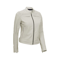 Off White Leather Cafe Racer Jacket for Women