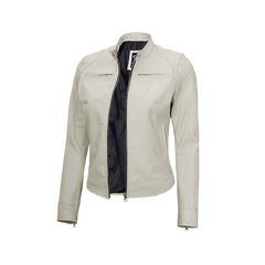Off White Leather Cafe Racer Jacket for Women