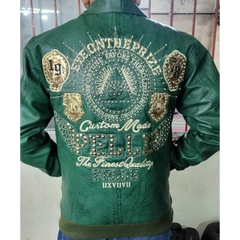 Pelle Pelle Mens Eye On The Prize Custome Made Green Leather Jacket