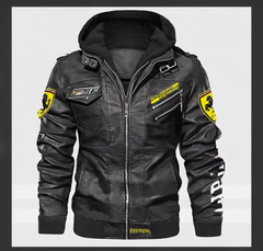 Black Racing Inspired Ferrari Vintage Genuine Leather Hooded Jacket