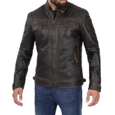 Quilted Cafe Racer Distressed Men's Tall Leather Jacket
