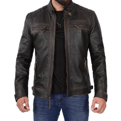 Quilted Cafe Racer Distressed Men's Tall Leather Jacket