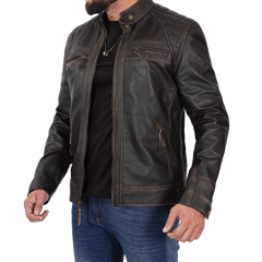 Quilted Cafe Racer Distressed Men's Tall Leather Jacket