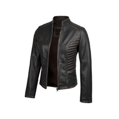 Rachel Women's Dark Brown Rub-off Cafe Racer Leather Jacket