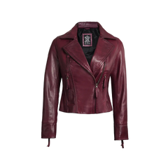 Ramsey Women's Burgundy Asymmetrical Waxed Biker Leather Jacket
