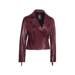 Ramsey Women's Burgundy Asymmetrical Waxed Biker Leather Jacket