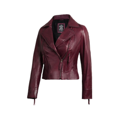 Ramsey Women's Burgundy Asymmetrical Waxed Biker Leather Jacket