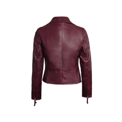 Ramsey Women's Burgundy Asymmetrical Waxed Biker Leather Jacket