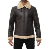 Real Leather Dark Brown Bomber Fur Aviator Jacket Men's