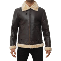 Real Leather Dark Brown Bomber Fur Aviator Jacket Men's