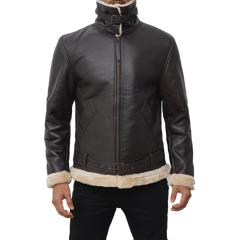 Real Leather Dark Brown Bomber Fur Aviator Jacket Men's
