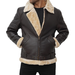 Real Leather Dark Brown Bomber Fur Aviator Jacket Men's