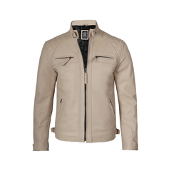 Real Leather Men's Beige Cafe Racer Biker Jacket