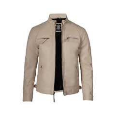 Real Leather Men's Beige Cafe Racer Biker Jacket
