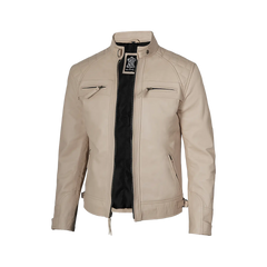 Real Leather Men's Beige Cafe Racer Biker Jacket