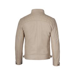 Real Leather Men's Beige Cafe Racer Biker Jacket