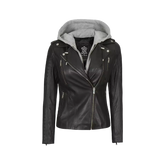 Women Black Real Leather Jacket with Removable Hood