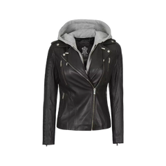 Women Black Real Leather Jacket with Removable Hood