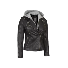 Women Black Real Leather Jacket with Removable Hood
