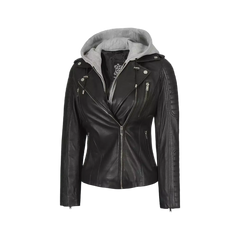 Women Black Real Leather Jacket with Removable Hood