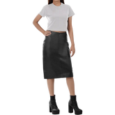 Rosa Women's Black Midi Leather Skirt With Back Slit - Pencil Style