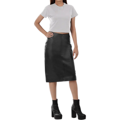Rosa Women's Black Midi Leather Skirt With Back Slit - Pencil Style