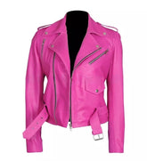 Women’s Jessica Alba Hot Pink Stylish Biker Wear Faux Leather Jacket