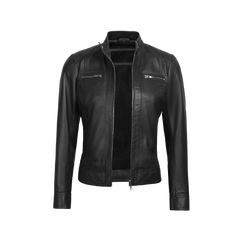 Shelia Womens Black Cafe Racer Real Leather Jacket
