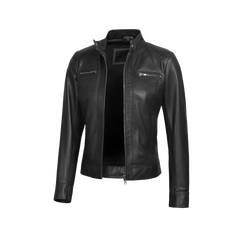 Shelia Womens Black Cafe Racer Real Leather Jacket