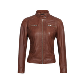 Shelia Womens Cognac Brown Cafe Racer Leather Jacket