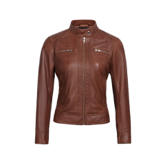 Shelia Womens Cognac Brown Cafe Racer Leather Jacket