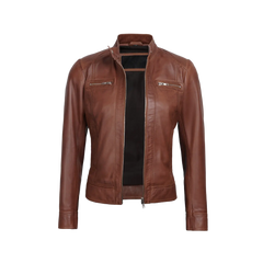 Shelia Womens Cognac Brown Cafe Racer Leather Jacket