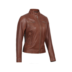 Shelia Womens Cognac Brown Cafe Racer Leather Jacket