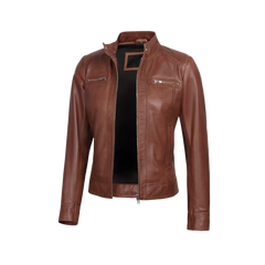 Shelia Womens Cognac Brown Cafe Racer Leather Jacket