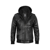 Tall Men's Black Leather Jacket with Removable Hoodie