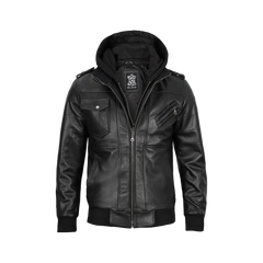 Tall Men's Black Leather Jacket with Removable Hoodie