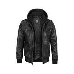 Tall Men's Black Leather Jacket with Removable Hoodie