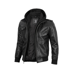 Tall Men's Black Leather Jacket with Removable Hoodie