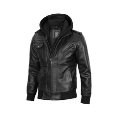 Tall Men's Black Leather Jacket with Removable Hoodie