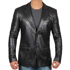 Tall Men's Black Real Leather Blazer Jacket