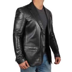 Tall Men's Black Real Leather Blazer Jacket