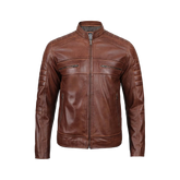 Tall Men's Cognac Brown Distressed Leather Cafe Racer Jacket