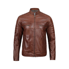 Tall Men's Cognac Brown Distressed Leather Cafe Racer Jacket
