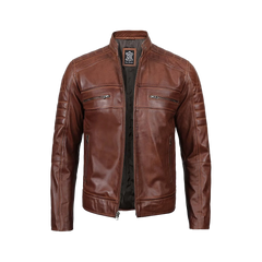 Tall Men's Cognac Brown Distressed Leather Cafe Racer Jacket