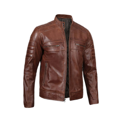 Tall Men's Cognac Brown Distressed Leather Cafe Racer Jacket