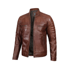 Tall Men's Cognac Brown Distressed Leather Cafe Racer Jacket