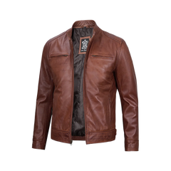 Tall Men's Cognac Brown Cafe Racer Leather Jacket