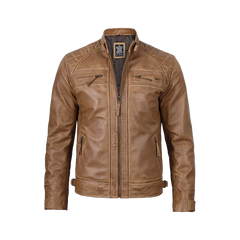 Tall Men's Distressed Camel Brown Cafe Racer Leather Jacket